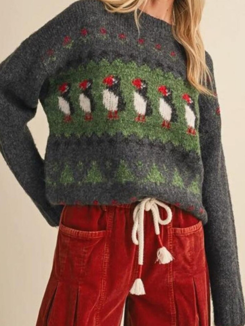 NWT &Merci Branded Puffin Fair Isle Crewneck Sweater In Dark Gray - M